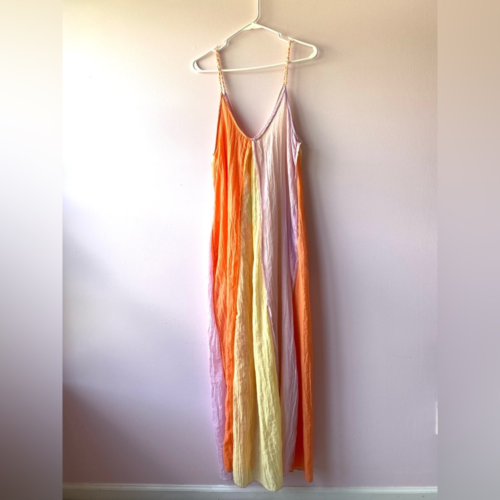 ELAN Colorblock Maxi Dress Size M Swim Cover-Up Beach Pockets Flowy Made in USA - Picture 3 of 11
